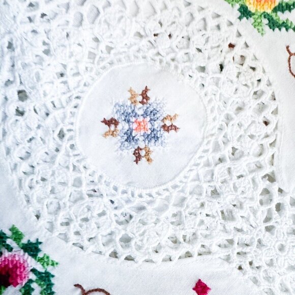 Vintage Antique Cross Stich Embroidered Crochet Large Tablecloth - Picture 9 of 11